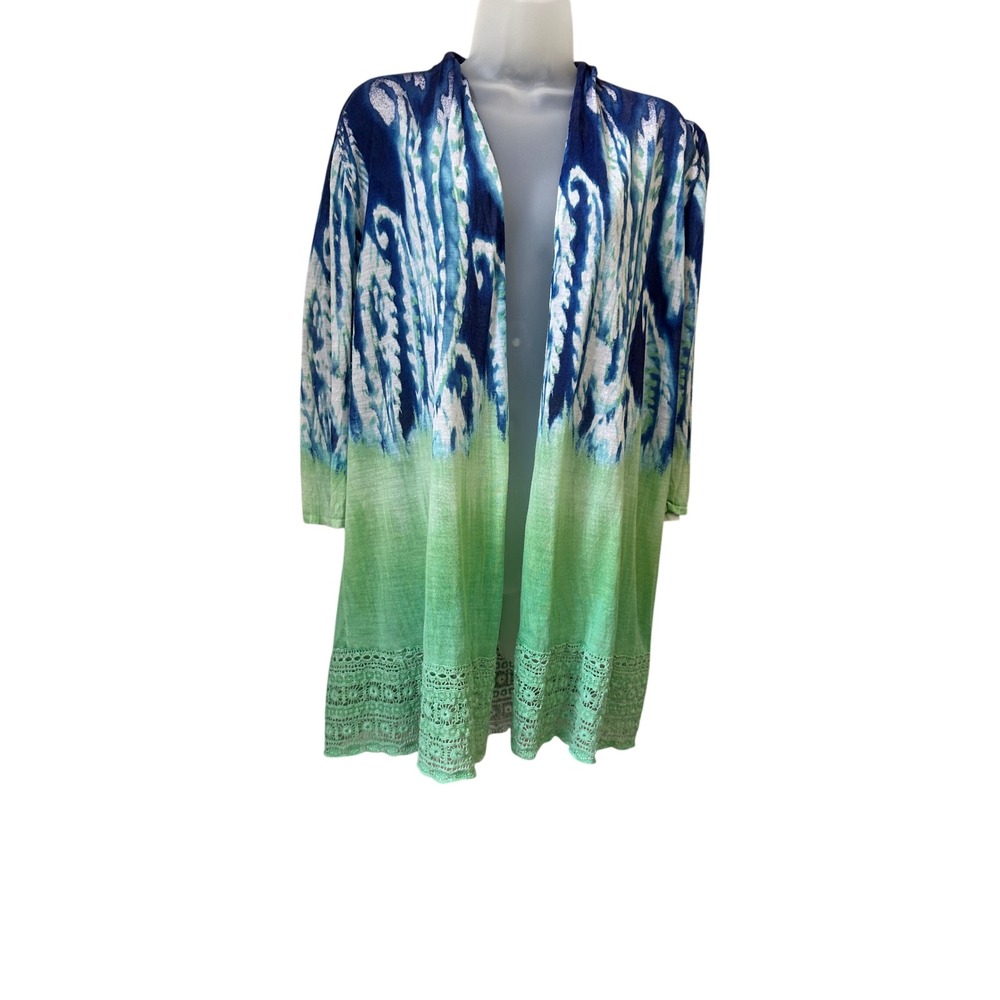 Chicos Blue Green Ombre Ikat Crochet Lace Hem Open Front Cardigan Size 3 XL